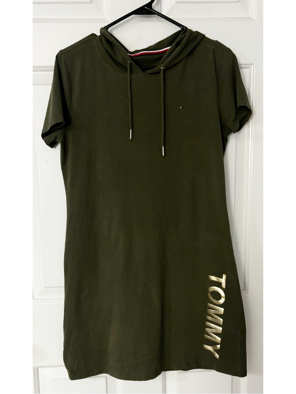 Tommy Hilfiger Army Green Hooded Short Sleeve Mini Dress, Shirt Dress Sz Medium